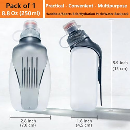 HECHZSO Running Water Bottle with Clip, 8.8oz No-Bounce Soft Flask, Dust-Proof Cap, BPA-Free, Fits Running Belts & Hydration Vests — for Jogging, Walking, Hiking, Cycling (1 Pack)