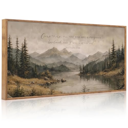 CHDITB Matthew 11:28 Mountain Forest Lake Framed Wall Art 40x20 Inch - color: Matthew 11:28 Come to Me, size: 40"L x 20"W