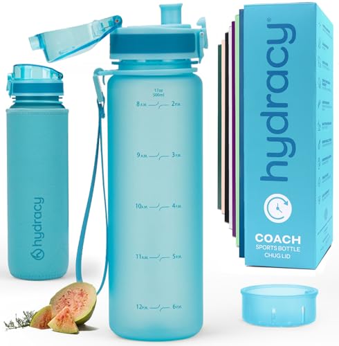 Hydracy 타임 마커 및 과일 인퓨저가 있는 물병 - BPA 프리 - 502.8ml(17온스) | 샘 방지 체육관 병, 마실 시간이 있고 땀이 나지 않는 슬리브 - 피트니스 스포츠 및 야외 활동에 이상적입니다 - color: 아쿠아 블루, size: 17온스