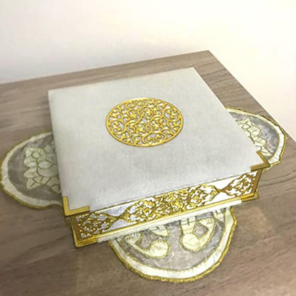 Velvet Covered Quran and Pearl Tasbih in Wooden Decorative Box | Islamic Gift Set | Muslim Eid Ramadan Gift (White) - color: White