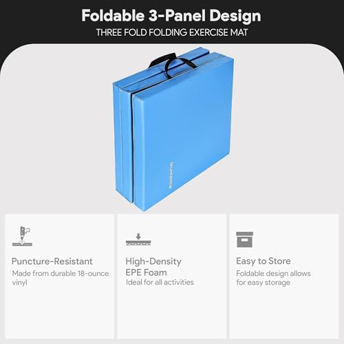 BalanceFrom 6x2 Feet 3-Panel Folding Gymnastics Mat – 2-Inch Thick Pad with Vinyl Surface and Carrying Handles for Tumbling, Yoga, Pilates, Home Workouts, and Martial Arts - color: Blue