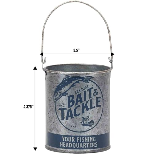 Lakeside Bait and Tackle Metal Bucket - Decorative Fishing Pail for Pencils, TV Remotes or Tools