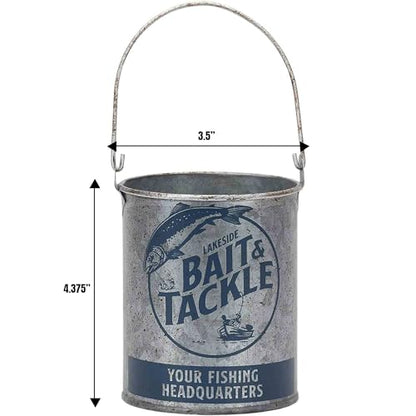 Lakeside Bait and Tackle Metal Bucket - Decorative Fishing Pail for Pencils, TV Remotes or Tools