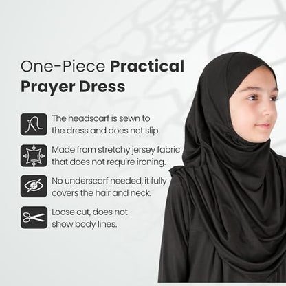 ihvan online Muslim Dress for Girls, Long Sleeve One-Piece Islamic Prayer Dress, Hijab for Kids, Girls Abaya, Islamic Gifts - color: Black