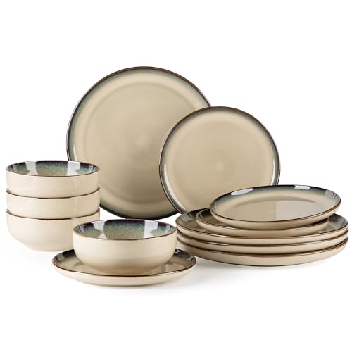 GBHOME Dinnerware Sets for 4, 12 Pieces Ceramic Plates and Bowls Set - color: Pale Khaki, size: Service for 4(12Pcs)