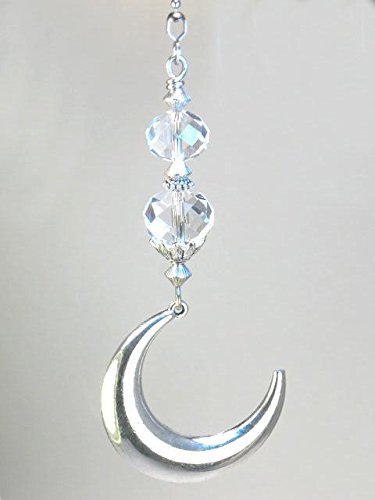 Large Silver Crescent Moon & Crystal Clear Faceted Glass Ceiling Fan Pull Chain