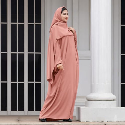 IDOPIP Abayas for Women Muslim Dress with Hijab, One-Piece Long Sleeve Islamic Prayer Dress with Khimar Jilbab Kaftan Clothes - color: Pink + Hijab