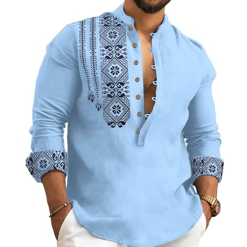 Kubsid Mens Henley Shirts Casual T Shirt Long Sleeve Banded Collar Button Down Vintage Beach Tops - color: Blue, size: Small