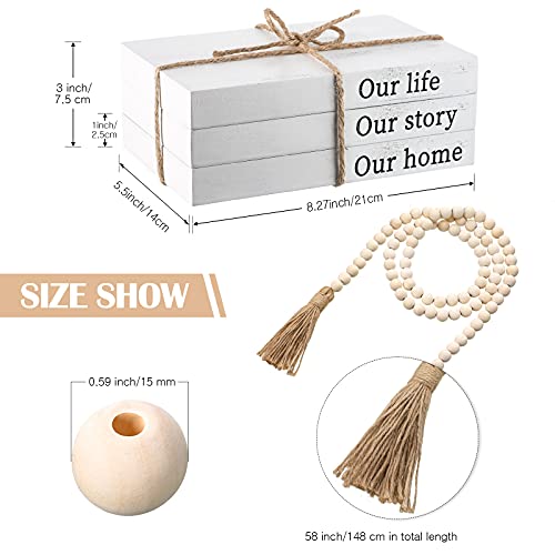 Jetec Decorative Books for Home Decor White Faux Farmhouse Stacked 3 Pieces Gift for Mother Teachers Friends Family for Coffee Tables Shelves with Wood Bead Tassels 58 Inch - style: Our Life, Our Story, Our Home