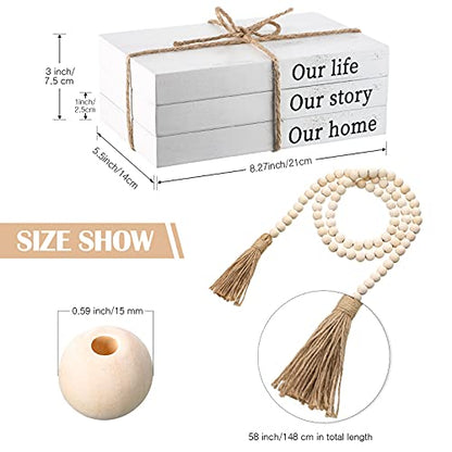 Jetec Decorative Books for Home Decor White Faux Farmhouse Stacked 3 Pieces Gift for Mother Teachers Friends Family for Coffee Tables Shelves with Wood Bead Tassels 58 Inch - style: Our Life, Our Story, Our Home