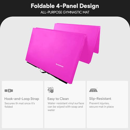 BalanceFrom 10x4 Feet 4-Panel Folding Gymnastics Mat – 2-Inch Thick Pad with Vinyl Surface and Carrying Handles for Tumbling, Yoga, Pilates, Home Workouts, and Martial Arts - color: Pink