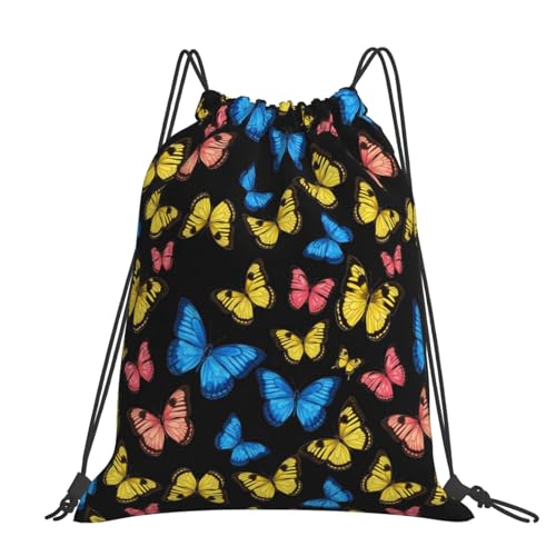 Polyester Cinch Sack Goth Black Blue Butterflies, Drawstring Backpack for Men Women, Multipurpose Sports and Travel - color: Pattern (360)