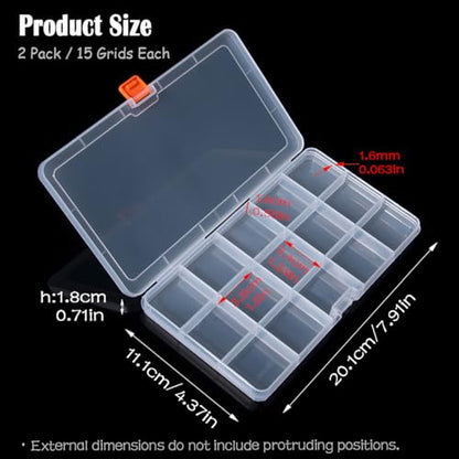 Jewelry Organizer (2 Pack) Clear Plastic Organizer Box (15 Girds), Beads Storage Containers Box for Small Items and Other Craft Projects,Size 7.91 x 4.37 x 0.71 in - size: 15 Grids