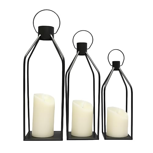 Lanterns Decorative Tall Large Black Metal Candle Lanterns Set of 3- Modern Farmhouse Decor for Indoor,Outdoor,Tabletop,Porch (No Glass NO Candles) - color: Black