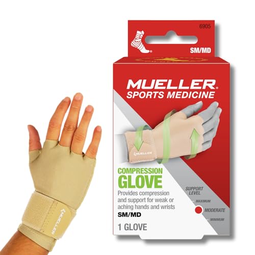 MUELLER Sports Medicine Compression Glove for Men and Women, Hand & Wrist Pain Relief Support, Ideal for Carpal Tunnel, Arthritis, Fits Right or Left, Beige - size: Small/Medium