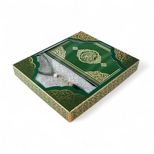 FURKAN Thermo Leather Quran Green, Prayer Rug and Prayer Beads, Zuhre Gift Box - Green - color: Green