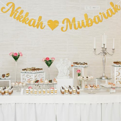 Nikkah Mubarak Banner - Eid Mubarak Decorations, Urdu Nikkah Decor, Glittery Desi Wedding/Engagement/Dulhan/Shaadi Party Decorations Gold Glitter