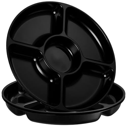 PLASTICPRO 5 Sectional Round Plastic Heavy duty Serving Tray/Platters Black Pack of 2 - color: Black