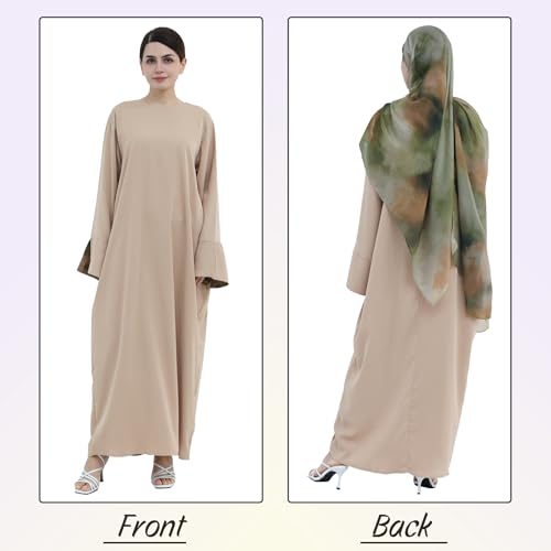 Printing Long Sleeve Abaya with Zipper for Women Dubai and Turkey Robe Spring and Summer Loose and Causual Dress - color: Khaki+hijab, size: Medium