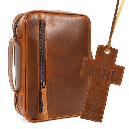 ELIZO Leather Bible Cover for Men Bible Case Women Holder Carrying Organizer Wrap Sleeve Protector Christian Religious Gift Cross Bookmark – Standard Cognac - color: Cognac, size: Standard