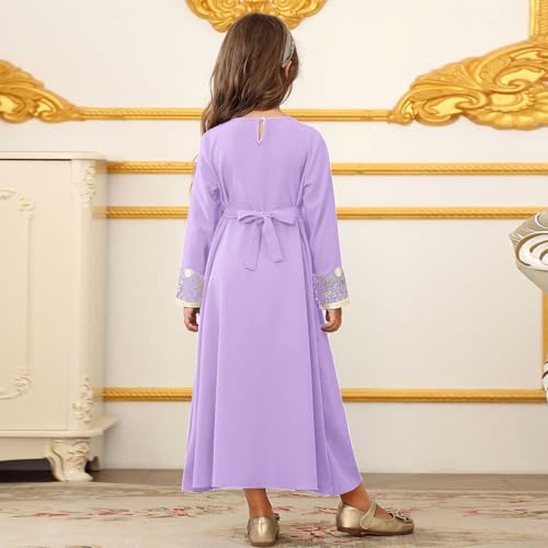 Kids Girls Ramadan Muslim Lace Trim Maxi Dress with Belt Prayer Arabic Kaftan Dubai Islamic Eid Dresses - color: Purple, size: 6-7 Years