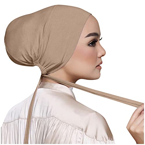 Chiffon Hijab with Undercap Fashion Solid Color Chiffon Head Wraps Under Scarf Caps Muslim Fashion Bandage - color: Khaki
