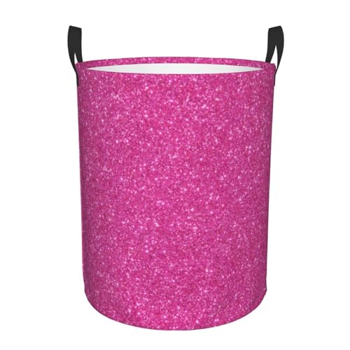 Pink Glitter Texture Laundry Basket Waterproof Collapsible Laundry Hamper with Durable Handle Round Dirty Clothes Storage Basket for Bedroom Bathroom College Dorm - color: Pink Glitter Texture, size: Small