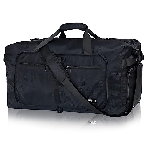 Fmeida 65L Duffle Bag with Shoes Compartment, Foldable Travel Duffel Bags for Men Women, Large Packable Travel Bag Water Repellent & Tear Resistant (Black) - color: Glossy Black