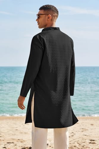 Runcati Mens Kaftan Thobe Textured Henley Shirt Long Sleeve Robe Casual Muslim Gown Shirt - color: Black, size: Large