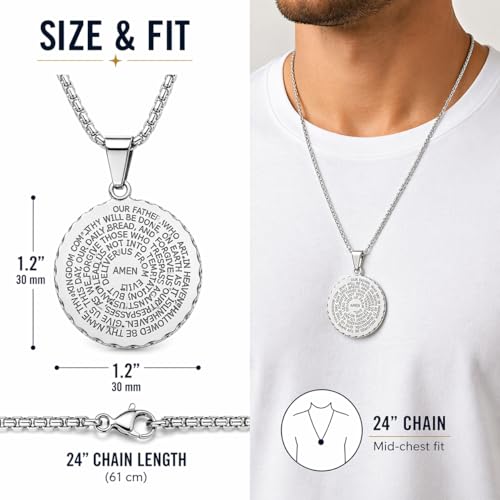 Steeltime Stainless Steel Lords Prayer Necklace with Simulated Diamonds - color: Silver, style: Round Pendant