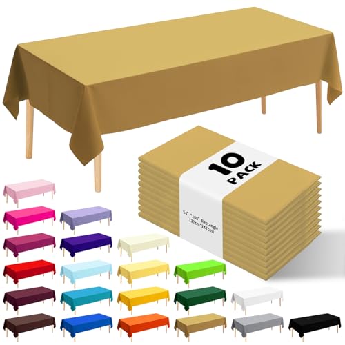 10 Pack Premium Disposable Plastic Tablecloth 54" X 108" Rectangle Table Cover for Birthdays Weddings Christmas Anniversary Buffet Table (Gold) - color: Gold, size: 54" X 108" Rectangle