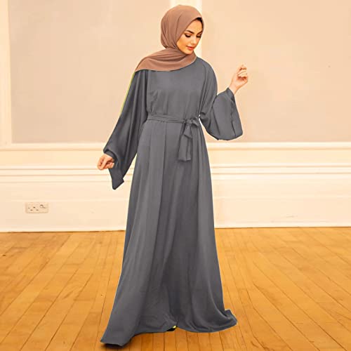 Prayer Dress for Women Muslim Long Sleeve A Line Elegant Maxi Dress Casual Wedding Party Maxi Dresses with Belt - color: Grey, size: Large