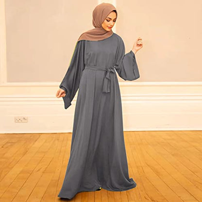 Prayer Dress for Women Muslim Long Sleeve A Line Elegant Maxi Dress Casual Wedding Party Maxi Dresses with Belt - color: Grey, size: X-Large