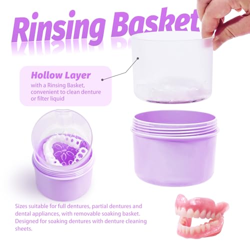 Uouovo Large Denture Case, No-Leak Denture Container Cups for Soaking Full & Partial Dentures, Retainer Cleaning Box, Denture Bath Cup for Travel (purple) - color: purple