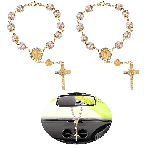 Cobee Car Rosary, 2-Piece Cross Auto Rosary, Rear View Mirror Pendant, Car Hanging Accessories, Interior Decor for Women & Men (Pink Gold) - color: Pink Gold