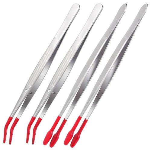 4 Pieces Tweezers with Rubber Tips PVC Rubber Coated Tweezers Rubber Long Bent Tip Tweezer and Straight Flat Tip Tweezer for Lab Stamp Hobby Jewelry Crafts Feeding (Silver, Red) - color: Red