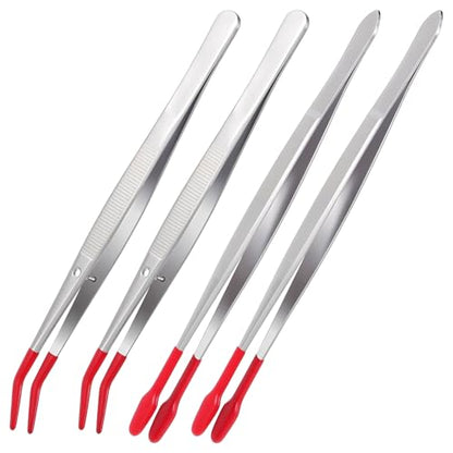 4 Pieces Tweezers with Rubber Tips PVC Rubber Coated Tweezers Rubber Long Bent Tip Tweezer and Straight Flat Tip Tweezer for Lab Stamp Hobby Jewelry Crafts Feeding (Silver, Red) - color: Red