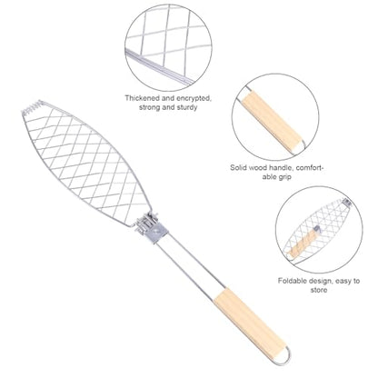 Fish Grill Basket, Iron Foldable Basket with Wooden Handle Non-Stick Grilling Rack Outdoor Cooking Tools Accessories Ideal for Any Fish Barbecue