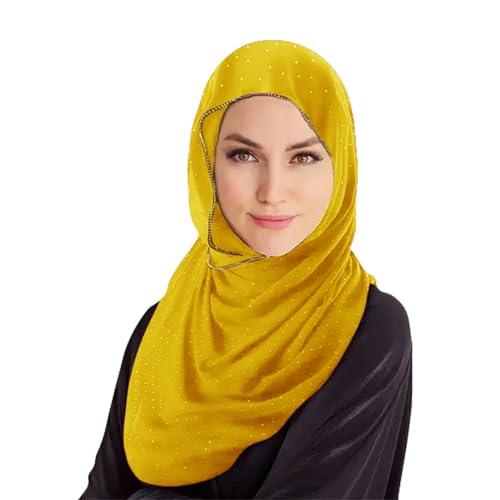 Hijab Scarf for Women Soft Chiffon Rhinestone Long Scarf Shawl Fashion Muslim Hijab Head Wrap Scarves - color: Yellow