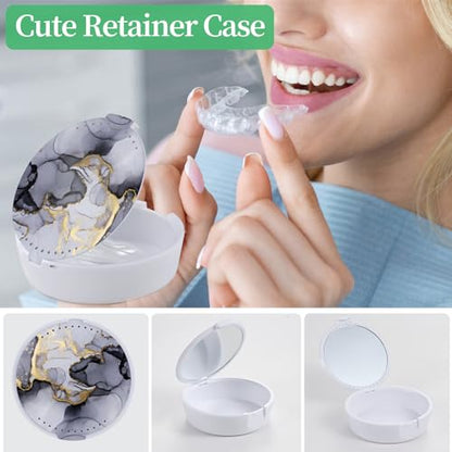 Retainer Case, Denture & Orthodontic Aligner Case With Mirror & Ventilation,Gray Marble - color: Gray Marble