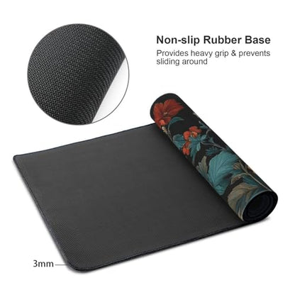 XXL Gaming Mouse Pad 35.4 x 15.7 Inch, Large Floral Desk Mousepad with Vintage Botanical Design, Water-Resistant, Stitched Edges, Non-Slip Rubber Base Desk Mat for Gaming & Office