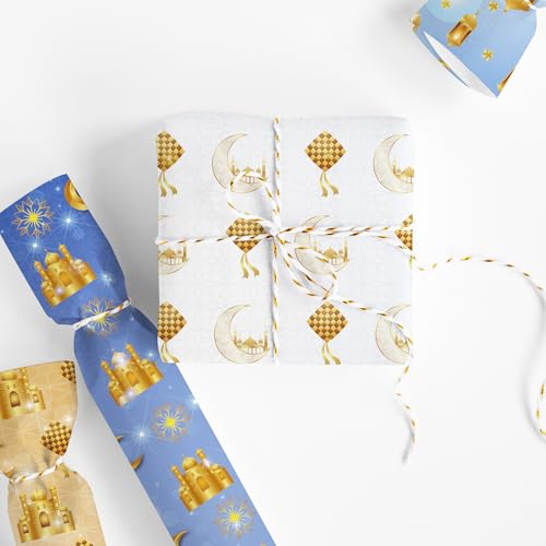 FYSUIMU 12 Sheets Eid Mubarak Wrapping Paper -Not Roll- 6 Colors Gift Wrap Paper Folded Flat Gold Mosque Moon Star Craft Paper for Ramadan Muslim Party Supplies, 19.7 x 27.6 Inch