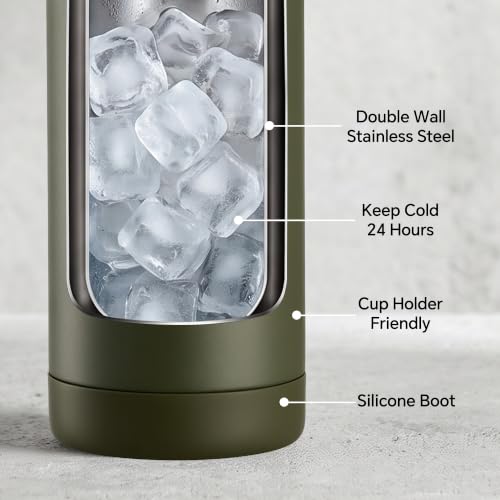 Fijinhom 18 oz Insulated Water Bottle with 2 Lids, Stainless Steel Water Bottles, Double Wall Vacuum, Portable Handle & Non-slip Bottom, BPA Free Leak Proof Metal Bottles, Keep Cold 24H, Green - color: Army Green, size: 18 Ounces