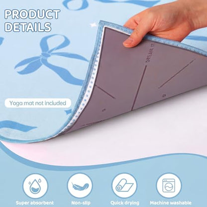 Breling Blue Bow Yoga Mat Towel with Grip Dot Preppy Coquette Bow Non Slip Ultra Absorbent Soft Microfiber Towel Without Hot Yoga Mat 72 x 24 Inch for Pilates Fitness Gym Women Birthday Gifts - color: Blue