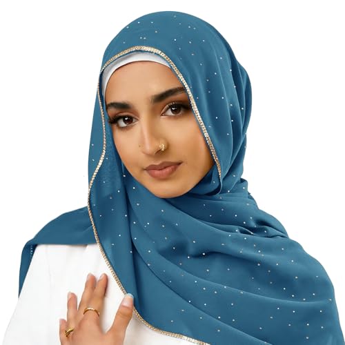 Hijab Scarf for Women Soft Chiffon Rhinestone Long Scarf Shawl Fashion Muslim Hijab Head Wrap Scarves - color: Blue
