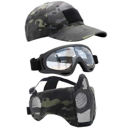 Airsoft Mask with Goggles, Foldable Half Face Airsoft Mesh Mask with Ear Protection for Paintball Shooting Cosplay CS Game - color: 3-BCP-3PCS, size: 3pcs