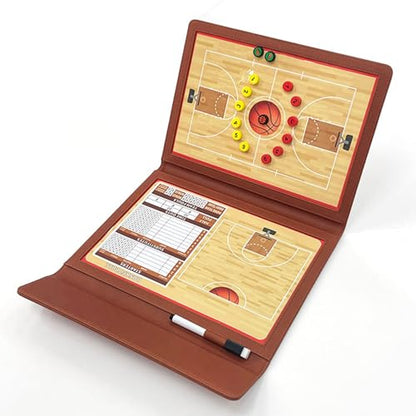 JIANNA Basketball Coaching Board 12.6" x 9.85" Folding Double-Sided Magnetic Dry Erase Strategy Board with Reinforced Stitching PU Cover, Thick Magnetic Player Tokens & Marker