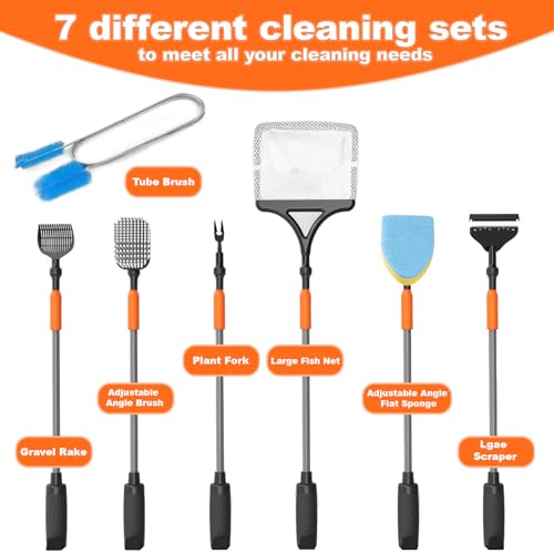 SEAOURA 7-in-1 Aquarium Cleaning Tool, Fish Tank Cleaner with Telescopic Handle,Aquariums Scraper,Adjustable Angle Brush,Gravel Rake,Plant Fork, Flat Sponge,Large Fishes Net,Hose Brushes