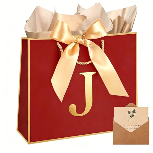 Topaliving Personalized Gift Bag with Card and Tissue Paper, 26 Letters Birthday Gift Bag 13'' Custom Valentines Weddings Present with Initials/Numbers for Women Men Kids (Red,J) - color: Red, size: J