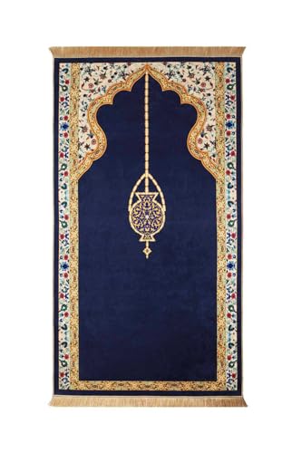 SODEF Velvet Prayer Rug Seccade Navy Blue Polyester with Chenille Base and Tassels - Comfortable and Durable for Daily Use - Multicolor
